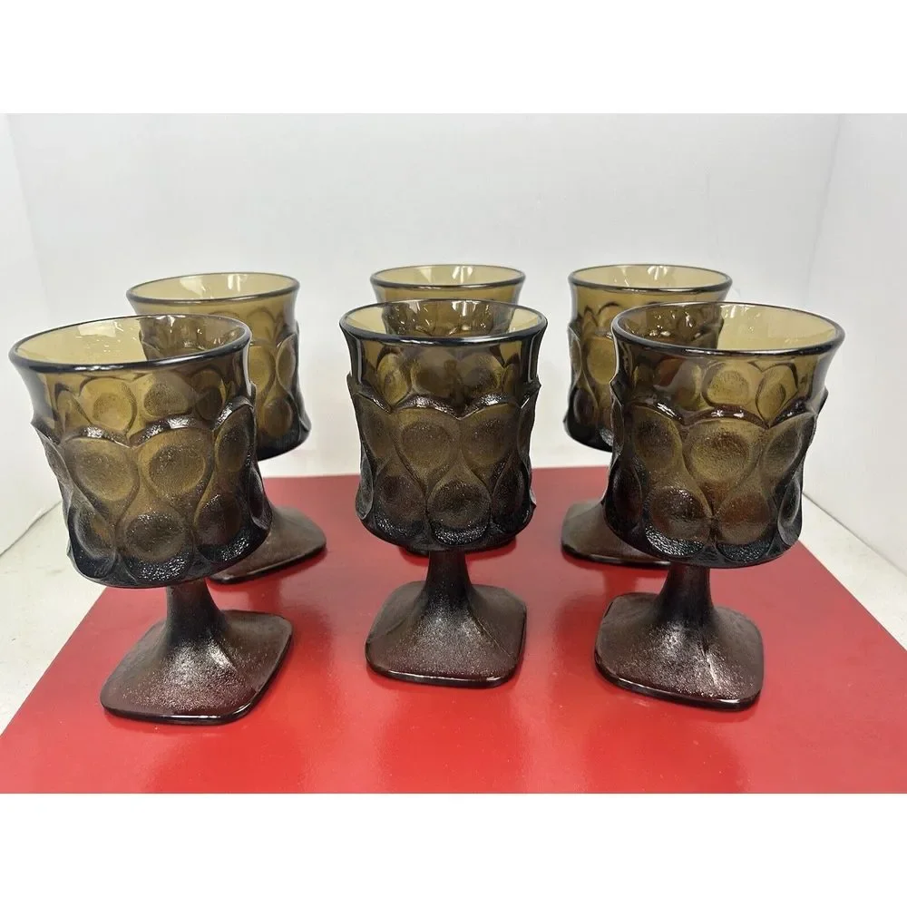 Vintage Amber Glass Tumblers‎ Set of 6 Textured Diamond Cut Base Hobnail MCM
